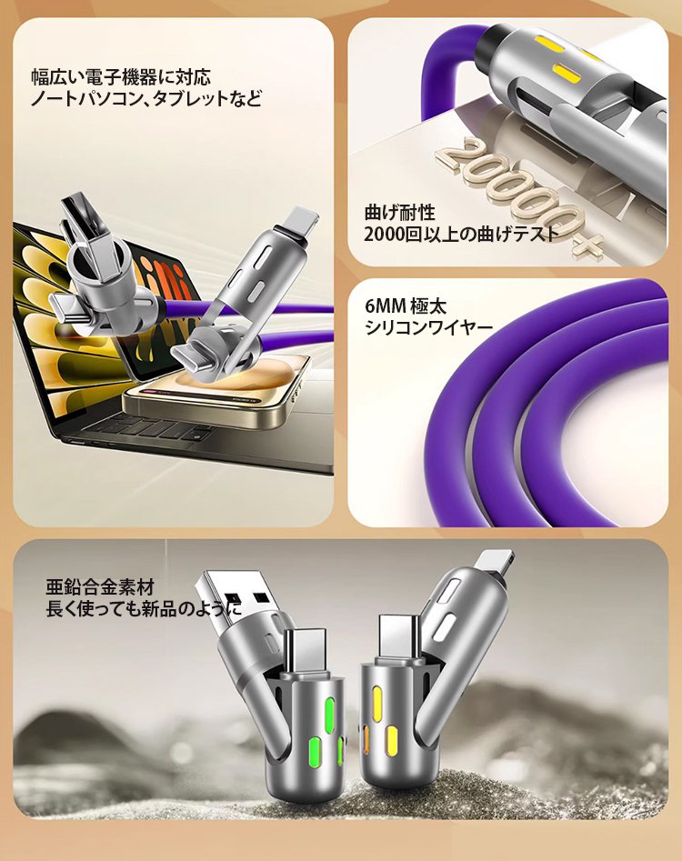 急速充電対応4-in-1アルミ合金充電ケーブル