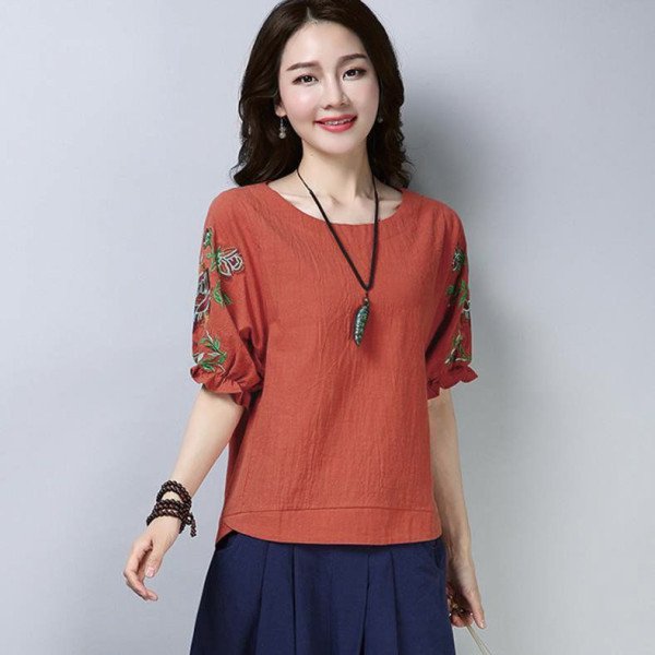 เสื้อยืดปักลาย ผ้าลินิน เข้าชุดง่าย ทรงหลวม ดูผอม