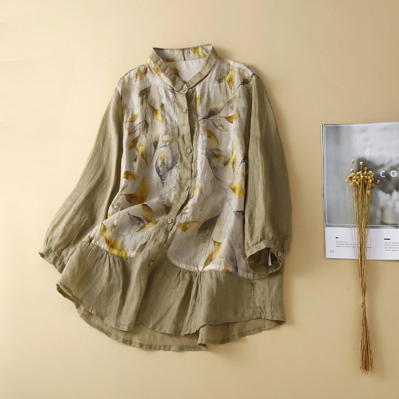 เสื้อยืดผ้าฝ้ายลินินแขนเจ็ดส่วนเย็บต่อลายสวย 