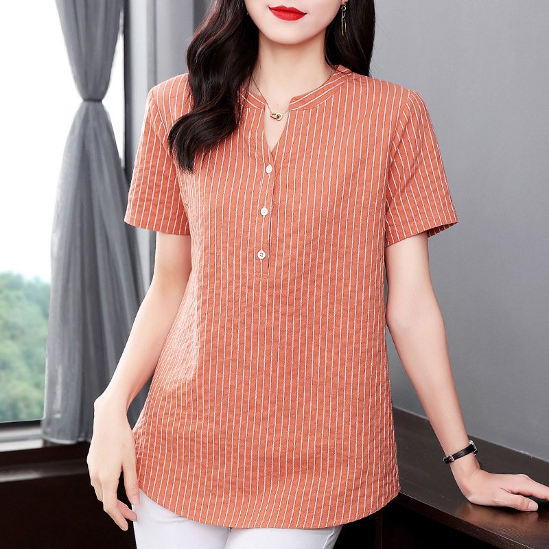 เสื้อเชิ้ตผ้าฝ้ายลินินลายทางแมทช์ง่าย