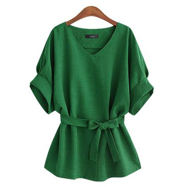 เสื้อเชิ้ตแขนสั้นคอวีผ้าฝ้ายลินิน