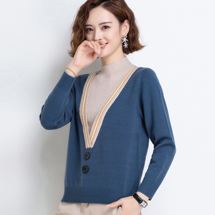 เสื้อสเวตเตอร์เย็บสลับคอเต่าสองชิ้นปลอมผู้หญิง