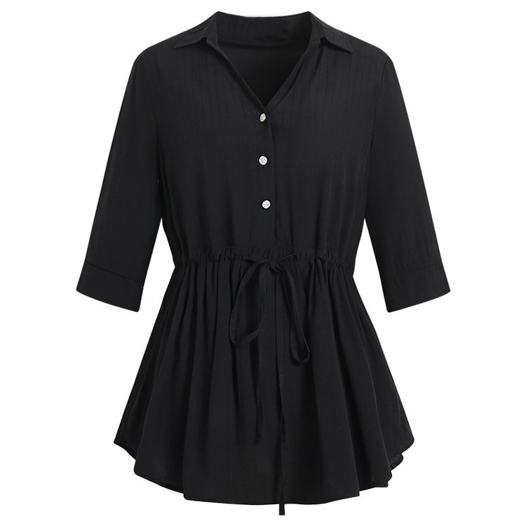 เสื้อเชิ้ตคอวีเก็บเอวยาวกลางมีออร่า