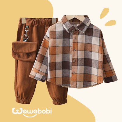 طقم القميص بنقش مربع للفتيان + بنطلون كاجوال طويل