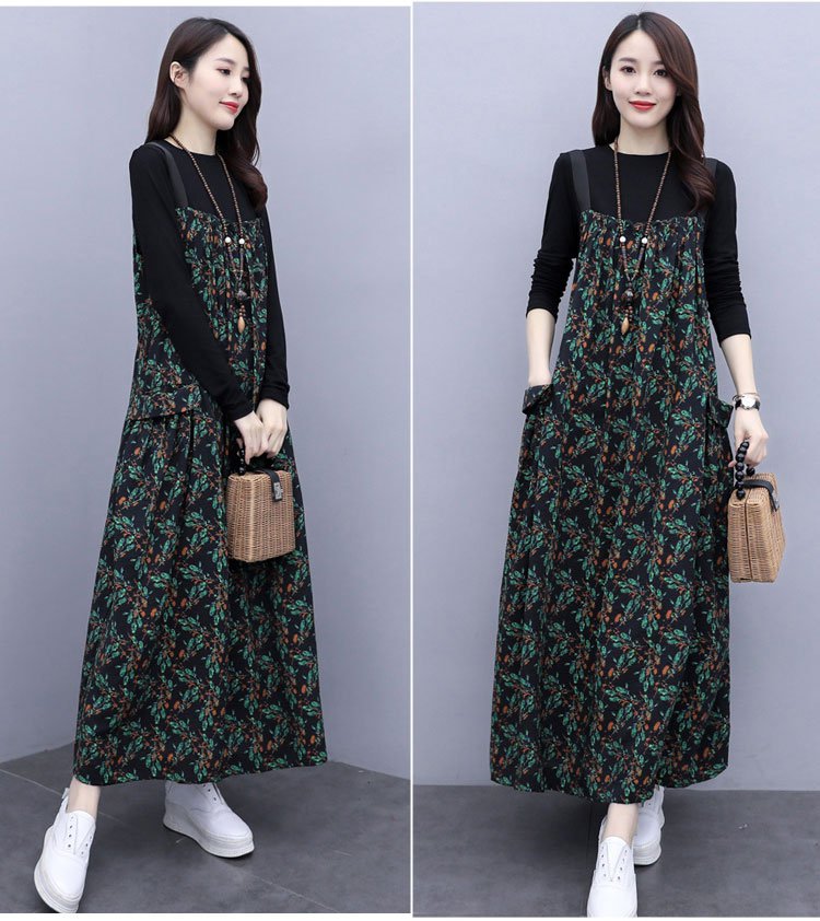 ชุดเดรสผ้าฝ้ายลินินพิมพ์ลายปลอมสองชิ้น