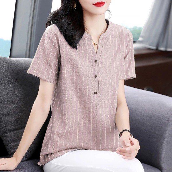 เสื้อเชิ้ตลายทางแนวตั้งคอวีมีออร่า 