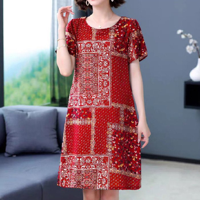 เดรสคอกลมลายดอกไม้ลำลอง