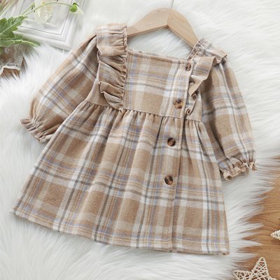 فستان مربعات باكمام طويلة وهملين مكشكش