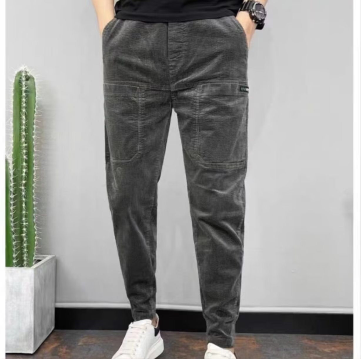 กางเกงคาร์โก้ผ้าลูกฟูกมีกระเป๋าห้าใบในฤดูหนาว