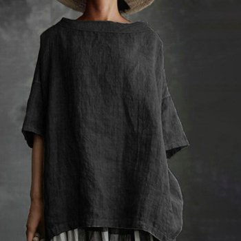 เสื้อยืดทรงหลวมสีทึบของผู้หญิง