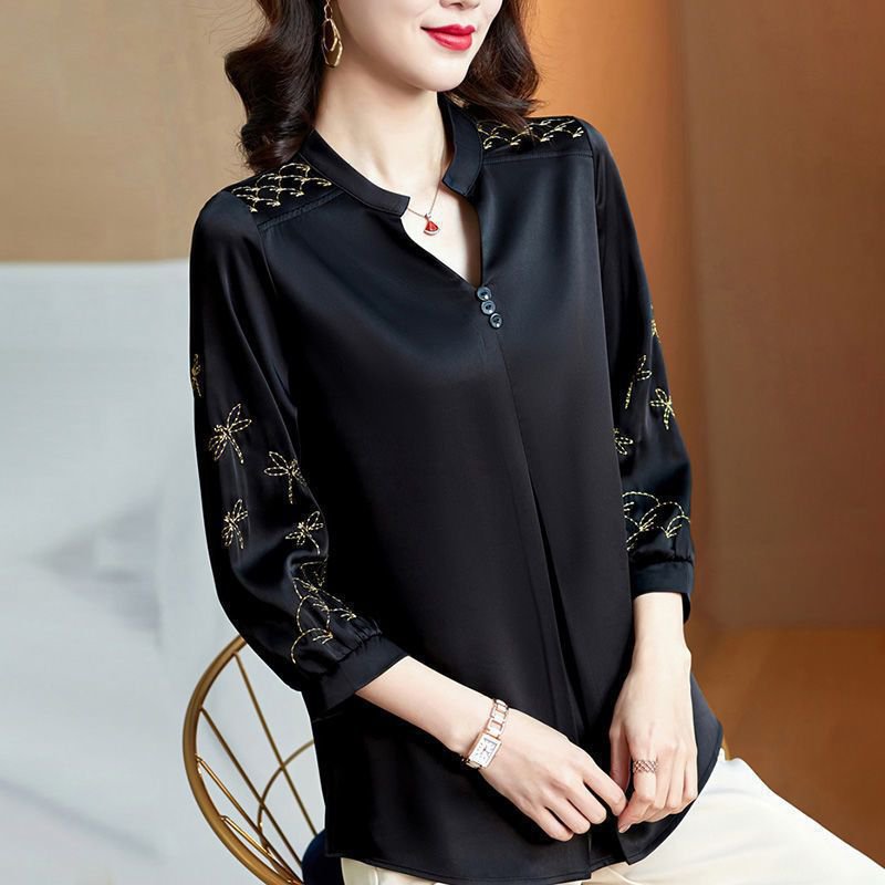  เสื้อเชิ้ตผ้าซาตินทรงหลวมดูผอมของผู้หญิง 