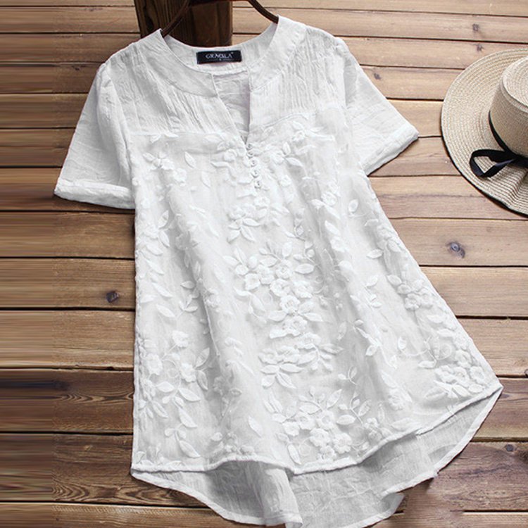 เสื้อยืดแขนสั้นปักดอกไม้รุ่นใหม่